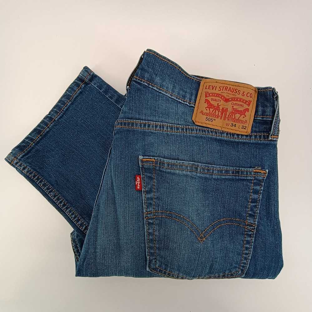 Levis 505 Regular Fit Mens Jeans 34x32 Medium Wash Blue Denim Straight Leg